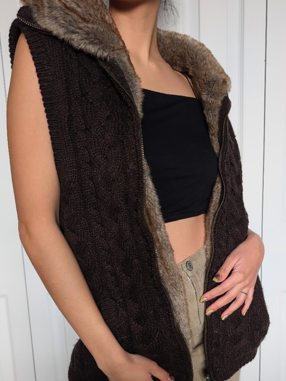 Vintage Brown Cable Knit Vest with Faux Fur Trim
